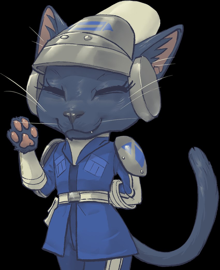 anthro armor belt black_body black_fur clothing eyelashes eyes_closed female fur hand_behind_head hat headgear headwear inner_ear_fluff pauldron pawpads smile solo tuft whiskers ladydino star_wars star_wars_rebels maketh_tua domestic_cat felid feline felis mammal 2024 alpha_channel