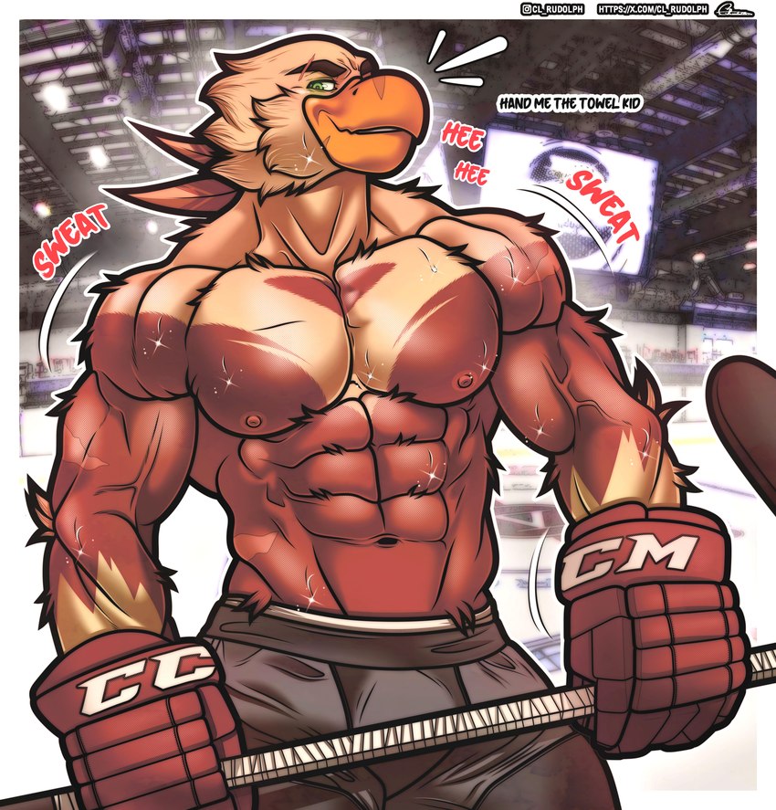 abs barazoku bodily_fluids brown_body clothing gloves green_eyes handwear hockey male muscular nipples scar solo sparkles sport sweat text white_body cl.rudolph dash accipitrid accipitriform avian bird eagle absurd_res english_text hi_res superabsurd_res url