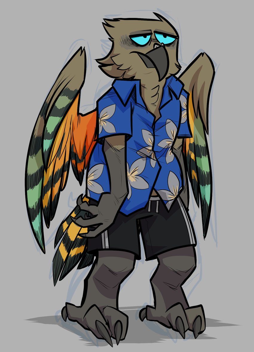 aloha_shirt anthro blue_eyes bored bottomwear brown_body claws clothed clothing digitigrade feathered_wings feathers fully_clothed fur grey_background male multicolored_body multicolored_feathers multicolored_fur pattern_clothing pattern_shirt pattern_topwear shirt shorts simple_background solo standing topwear wings keadanger kea_(keadanger) avian bird 2024 cel_shading full-length_portrait hi_res portrait shaded