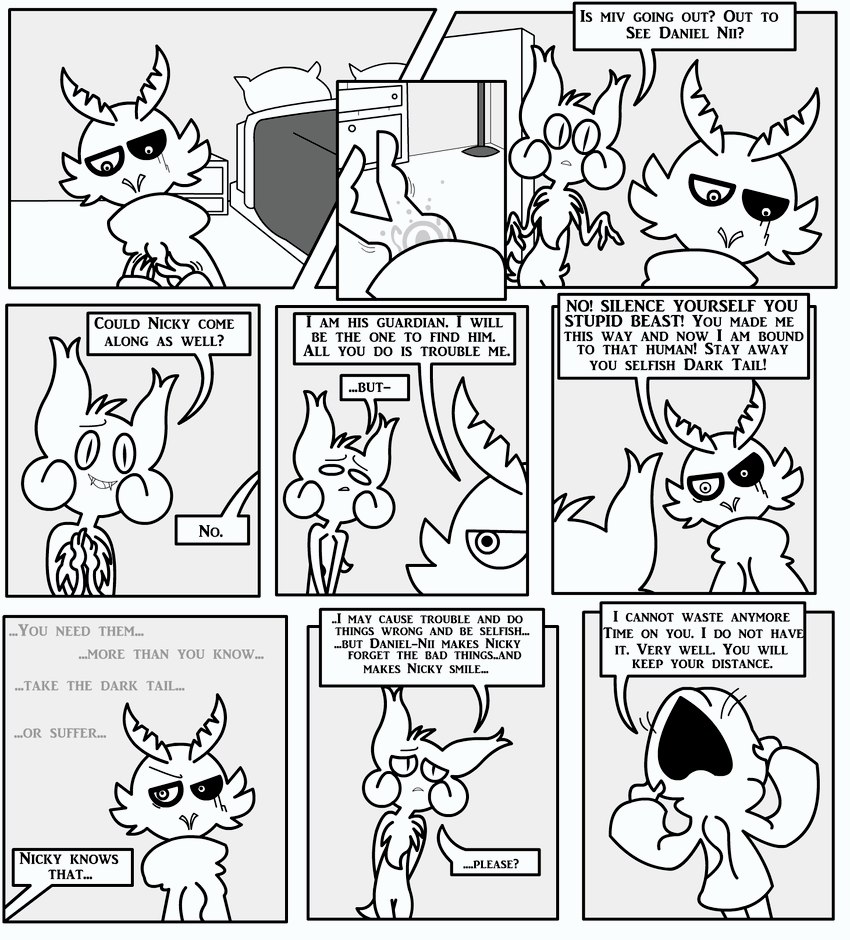 ambiguous_gender angry antennae_(anatomy) anthro bed black_sclera border bottomless chest_tuft clothed clothing dialogue drawer duo fangs furniture hoodie hoodie_only insult looking_at_another looking_down motion_lines narrowed_eyes overbite pillow pupils sad scut_tail short_tail slit_pupils speech_bubble symbol tail teeth text topwear topwear_only tuft white_border shane_frost mivliano_10-c nicky_(abfmh) arthropod bat insect lepidopteran mammal moth comic english_text greyscale hi_res monochrome female_(lore)