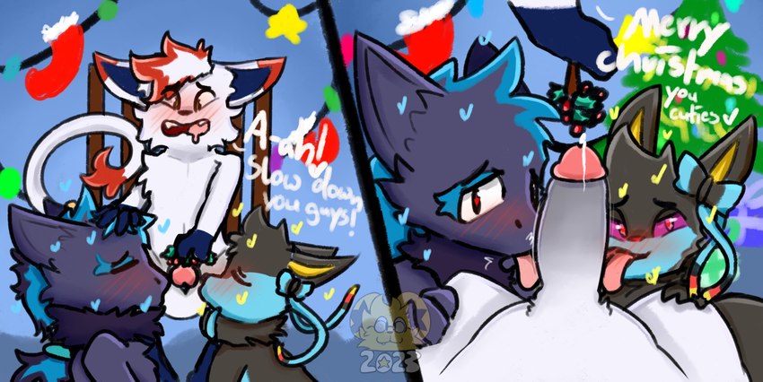 anthro collaborative_oral feral genitals group humanoid_genitalia humanoid_penis male male/male mistletoe penis plant trio luca_the_shinx_(artist) nintendo pokemon belu_miranda_(character) kai_mew-(character) sanas eeveelution generation_1_pokemon generation_4_pokemon generation_5_pokemon generation_6_pokemon generation_8_pokemon hisuian_form hisuian_zorua legendary_pokemon luxray mew_(pokemon) pokemon_(species) regional_form_(pokemon) sylveon zoroark