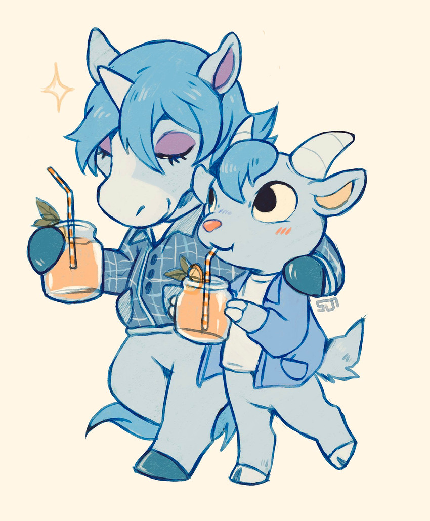 anthro arm_around_shoulders beverage blue_body blue_fur blue_hair blush chibi daww duo fur hair hooves horn juice_(beverage) male male/male orange_juice romantic romantic_couple suikuzu suizilla animal_crossing mythology nintendo julian_(animal_crossing) sherb_(animal_crossing) bovid caprine equid equine goat mammal mythological_creature mythological_equine unicorn digital_media_(artwork) hi_res