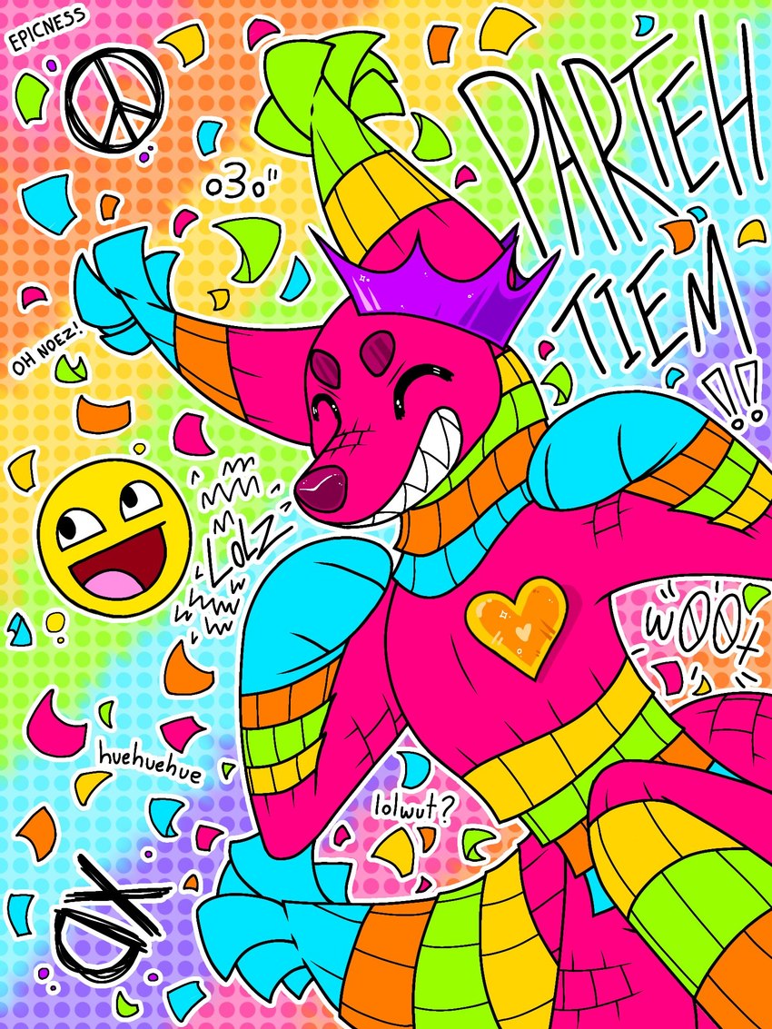 2000s_theme ambiguous_gender anthro awesome_face black_text blue_markings crown ear_tuft emoticons exclamation_point eyes_closed green_markings handpaw headgear heart_symbol markings nude orange_markings outline paws peace_symbol pinata pink_body rainbow_background red_nose simple_background smile snout solo sparklefur tail teeth text tuft white_outline y2k_(graphic_design) yellow_markings maligaytor fiesta_(maligaytor) animate_inanimate canid canine living_pinata mammal 2022 3:4 colorful_theme digital_drawing_(artwork) digital_media_(artwork) english_text flat_colors handwritten_text hi_res meme paint_tool_sai_(artwork)