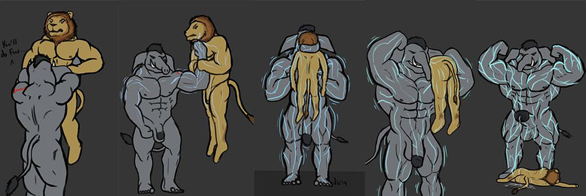 abs anthro asphyxiation attribute_theft balls big_muscles body_size_growth choking dialogue duo energy_drain flexing genitals grey_background grey_body growth hand_on_neck humanoid_genitalia humanoid_penis larger_male male mane muscle_growth muscular muscular_male pecs penis proboscis_(anatomy) shrinking simple_background size_difference size_theft size_transformation smaller_male strength_drain tan_body text transformation trunk_(anatomy) trunk_play tusks vein veiny_muscles vic_p xythan_(character) elephant elephantid felid lion mammal pantherine proboscidean 2019 english_text