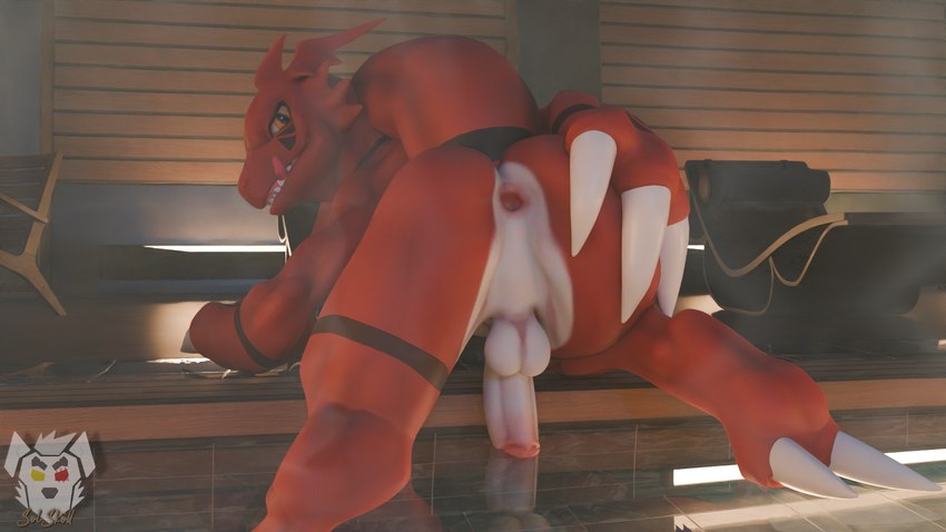 anthro anus balls bedroom_eyes butt digitigrade genitals humanoid_genitalia humanoid_penis licking licking_lips licking_own_lips looking_back male narrowed_eyes nude penis pool poolside pose presenting presenting_anus seductive smile solo spreading steam tail tongue tongue_out solskoll chocoscorner_(modeler) bandai_namco digimon digimon_(species) guilmon 16:9 3d_(artwork) digital_media_(artwork) hi_res pinup widescreen