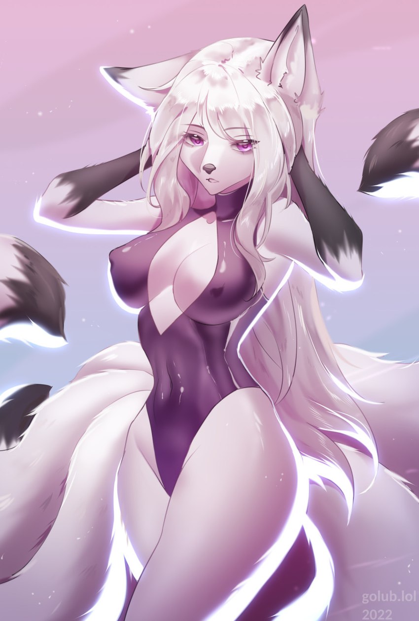 anthro biped breasts cleavage clothed clothing eyelashes female fur hair hands_behind_head long_hair looking_at_viewer multi_tail navel nipple_outline purple_eyes simple_background solo tail tight_clothing white_body white_fur white_hair golub.lol shiori_shi canid canine fox mammal 2022 digital_media_(artwork) hi_res portrait shaded three-quarter_portrait