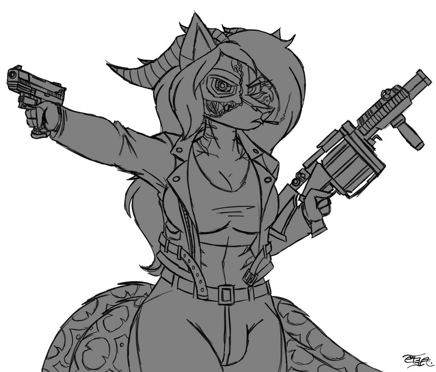 anthro belt bottomwear clothed clothing cybernetic_limb cybernetics damaged exposed_endoskeleton facial_markings female gun head_markings holding_gun holding_object holding_ranged_weapon holding_weapon horn jacket machine markings open_clothing open_jacket open_topwear pants ranged_weapon robotic_reveal shirt simple_background smoking solo tail tail_markings topwear weapon white_background toddrogue69 terminator_(franchise) shiro_(kuroraxiii) the_terminator_(terminator) android canid canine cyborg fox mammal robot t-800_series_(terminator) terminators_(terminator) digital_drawing_(artwork) digital_media_(artwork) hi_res monochrome signature