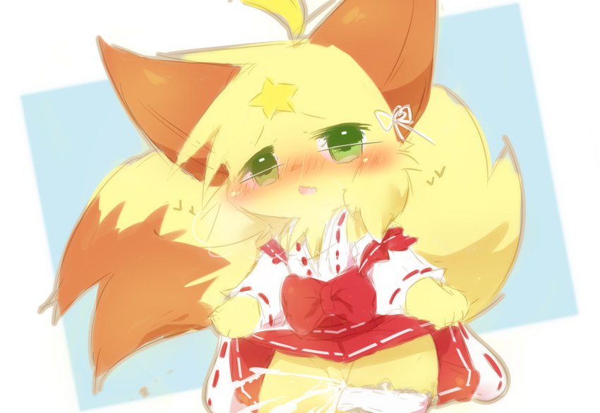 ambiguous_fluids anthro blush clothed clothed_female clothing dress female fur genitals green_eyes orange_body orange_fur pussy solo yellow_body yellow_fur young young_anthro young_female deaic canid canine fox mammal 2023