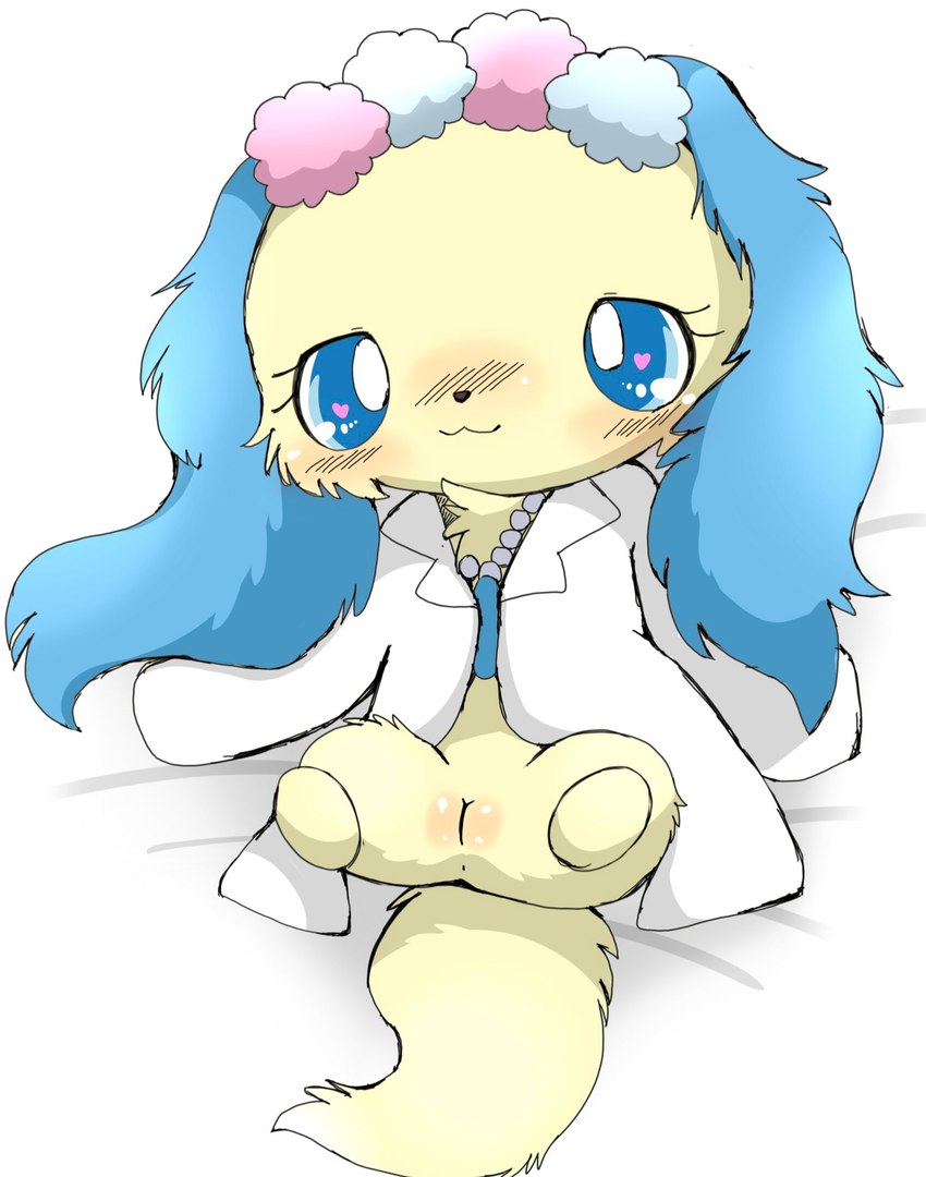 anthro anus blue_ears blue_eyes blush chibi clothing coat female floppy_ears flower flower_crown fluffy fluffy_ears fluffy_tail fur genitals heart_eyes heart_symbol jewelry lab_coat lop_ears necklace plant plump_labia pussy semi-anthro solo spread_legs spreading tail topwear yellow_body yellow_fur azuo jewelpet sanrio sega sega_fave sapphie_(jewelpet) bird_dog canid canine canis cavalier_king_charles_spaniel domestic_dog hunting_dog mammal spaniel toy_dog hi_res