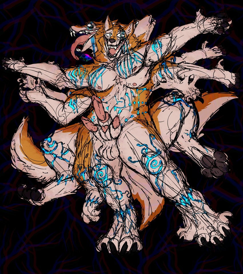 anthro balls cerberus_conjoinment clapping dancing deranged genitals male mid_transformation multi_arm multi_balls multi_genitalia multi_head multi_leg multi_limb multi_penis multi_tail open_mouth pawpads penis scared smile solo spread_arms tail tattoo transformation yonnixart dazed_(saltysteakk) canid canine canis dingo mammal monster absurd_res hi_res