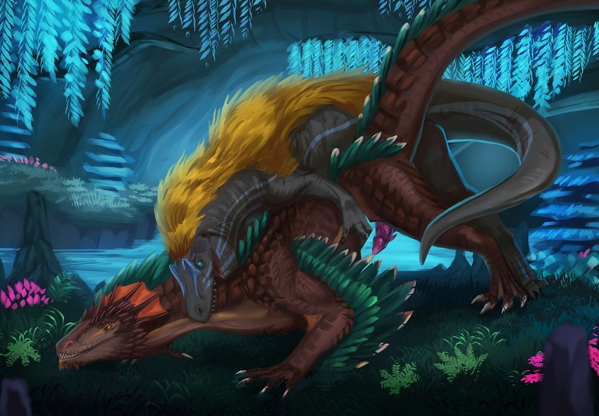 animal_genitalia blonde_mane brown_body brown_scales claws duo erection feral fur genitals grass grey_body grey_scales male male/male mane penis pink_penis plant scales white_claws yellow_body yellow_fur darlsol' mythology dinosaur dragon mythological_creature mythological_scalie prehistoric_species reptile rock_drake scalie hi_res