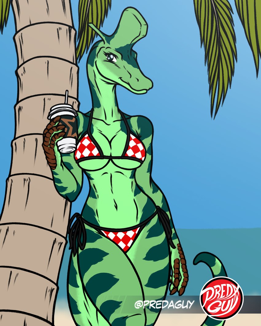 anthro beach beverage bikini blue_sky bottomwear breasts checkered checkered_bikini checkered_bottomwear checkered_clothing checkered_swimwear checkered_topwear cleavage clothed clothing coffee coffee_cup container countershade_face countershade_neck countershade_tail countershade_torso countershading cup female green_body leaning_on_tree markings non-mammal_breasts palm_tree pattern_bikini pattern_bottomwear pattern_clothing pattern_swimwear pattern_topwear plant scu_gang side-tie_bikini sky smile smiling_at_viewer solo string_bikini striped_body striped_markings striped_tail stripes swimwear tail tail_markings topwear tree two-piece_swimsuit under_boob predaguy anthrosaurs laura_(raphael) dinosaur hadrosaurid lambeosaurus ornithischian ornithopod prehistoric_species reptile scalie