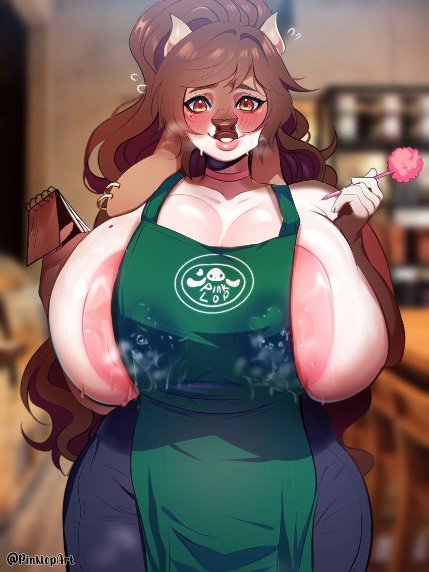 anthro apron areola areola_slip big_breasts biped blurred_background blush bodily_fluids breasts brown_eyes brown_hair brown_nose clothing ear_piercing ear_ring eyebrows female fur green_apron green_clothing hair holding_note_pad holding_object holding_pen holding_writing_utensil horn huge_breasts lactating lactating_through_clothing left-handed lips looking_at_viewer milk nipple_slip nipples pen piercing pink_nipples ring_piercing smile solo text thick_bottom_lip wet wet_clothing writing_utensil pinklop i_mean_breast_milk bovid bovine cattle mammal 2021 english_text hi_res meme