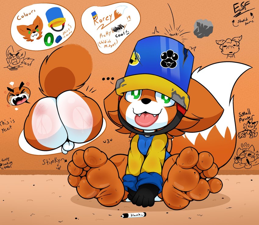 4_toes anthro balls big_feet bucket bucket_on_head butt clothing container feet fur genitals humanoid_feet male orange_body orange_fur penis plantigrade shirt sitting soles solo toes topwear white_body white_fur electricsnowfox rorey_(electricsnowfox) canid canine fox mammal hi_res