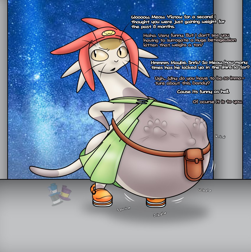 anthro bag belly big_belly clothing dialogue dipstick_tail fetal_movement footwear fur green_clothing green_overalls grey_body grey_fur hat headgear headwear hyper hyper_pregnancy inside looking_away male markings motion_lines navel offscreen_character outie_navel overalls paw_imprint pregnant pregnant_male solo sound_effects space tail tail_markings text whiskers white_body white_fur yellow_sclera fancy_blue crocs space_dandy meow_(space_dandy) betelgeusian felid feline mammal 2025 english_text hi_res watermark