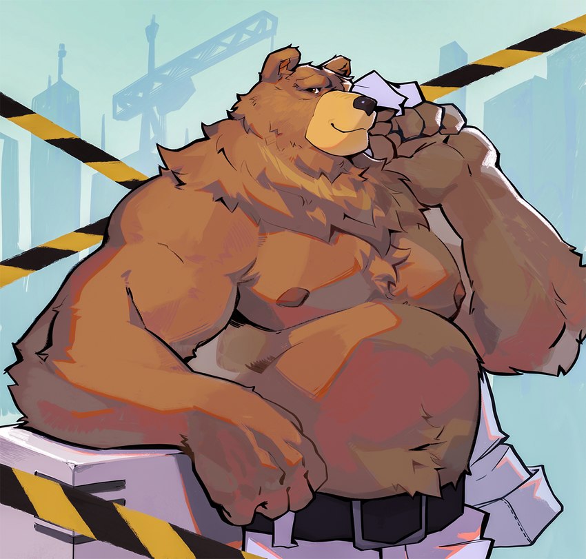 anthro belly brown_body brown_fur clothed clothing facial_scar fur male musclegut muscular nipples pecs scar solo topless topless_anthro lanladeo mihoyo zenless_zone_zero ben_bigger bear mammal hi_res