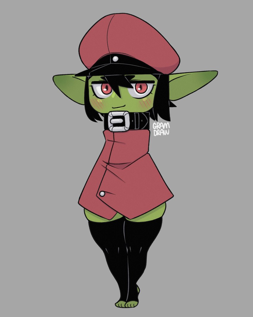 absolute_territory belt_buckle big_ears black_clothing black_eyebrows black_hair black_legwear black_thigh_highs blush blush_lines buckle cloak clothed clothing eyebrows feet femboy front_view green_body green_ears green_face green_skin grey_background hair hat headgear headwear humanoid_pointy_ears legwear long_ears male mouth_closed narrowed_eyes pointy_ears red_cloak red_clothing red_eyes red_hat red_headwear simple_background small_eyebrows solo thigh_highs toes gramdraw gram_(gramdraw) goblin humanoid 2023 4:5 absurd_res digital_drawing_(artwork) digital_media_(artwork) full-length_portrait hi_res portrait signature