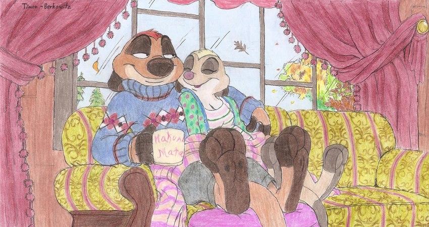 bedding blanket container cup duo feet_up female furniture male mug sitting smile sofa timon-berkowitz disney the_lion_king timon herpestid mammal meerkat absurd_res hi_res traditional_media_(artwork)