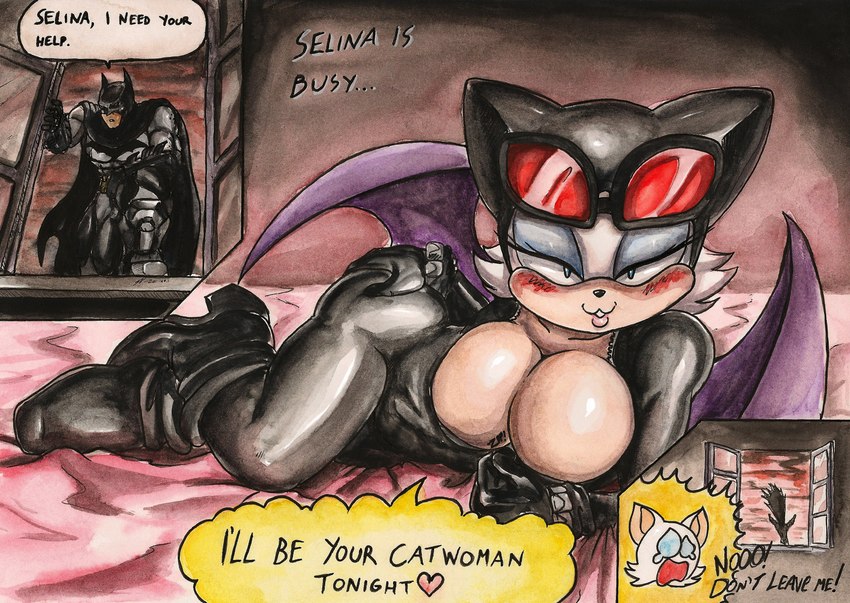 anthro bat_wings bed being_watched big_breasts blush bodysuit boots breasts cape cleavage clothed clothing cosplay crossover_cosplay cutaway dialogue duo empty_eyes expression_cutaway eyeshadow eyewear eyewear_on_head female flashing footwear fur furniture gloves goggles goggles_on_head half-closed_eyes hand_on_butt handwear heart_after_text heart_symbol high_heeled_boots high_heels huge_breasts light_body light_skin lipstick looking_at_another makeup male membrane_(anatomy) membranous_wings name_drop name_in_dialogue narrowed_eyes naughty_face open_mouth puffy_speech_bubble shoes skinsuit speech_bubble stylized_empty_eyes stylized_eyes text text_with_heart tight_clothing white_body white_fur window wings souleatersaku90 batman_(series) dc_comics sega sonic_the_hedgehog_(series) batman catwoman rouge_the_bat bat human mammal absurd_res crossover english_text hi_res