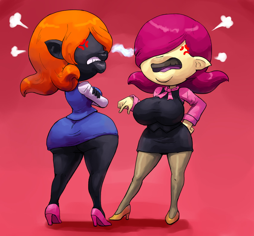 angry big_breasts big_butt black_body black_skin bottomwear breasts butt clothing cross-popping_vein crossed_arms duo female footwear gesture grey_teeth hair hand_gesture high_heels lips miniskirt not_furry open_mouth orange_hair pink_hair pointing purple_tongue red_background scarf shoes simple_background skirt teeth thick_lips thick_thighs tongue vein wide_hips yellow_body yellow_skin outta_sync asian_mythology east_asian_mythology japanese_mythology level-5 mythology nintendo yo-kai_watch chatalie nagatha humanoid yokai hi_res