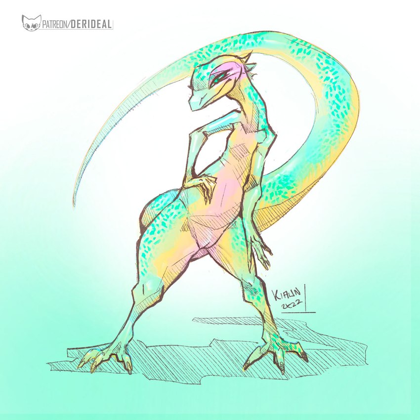 anthro claws female genitals green_eyes hands_on_hips pussy shadow simple_background solo text kiaun lizard reptile scalie 1:1 2022 colored digital_media_(artwork) english_text hi_res shaded signature url