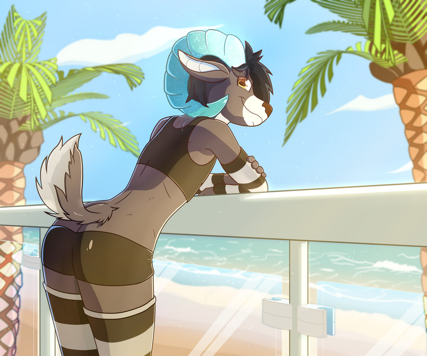 anthro beach black_hair butt clothing hair horn leaning leaning_forward leaning_on_object leg_warmers legwear looking_at_viewer male palm_tree pattern_clothing pattern_legwear plant railing seaside solo striped_clothing striped_legwear stripes sunny three-quarter_view tree water don_ko jf-049 rigel_(don_ko) bovid caprine mammal sheep hi_res