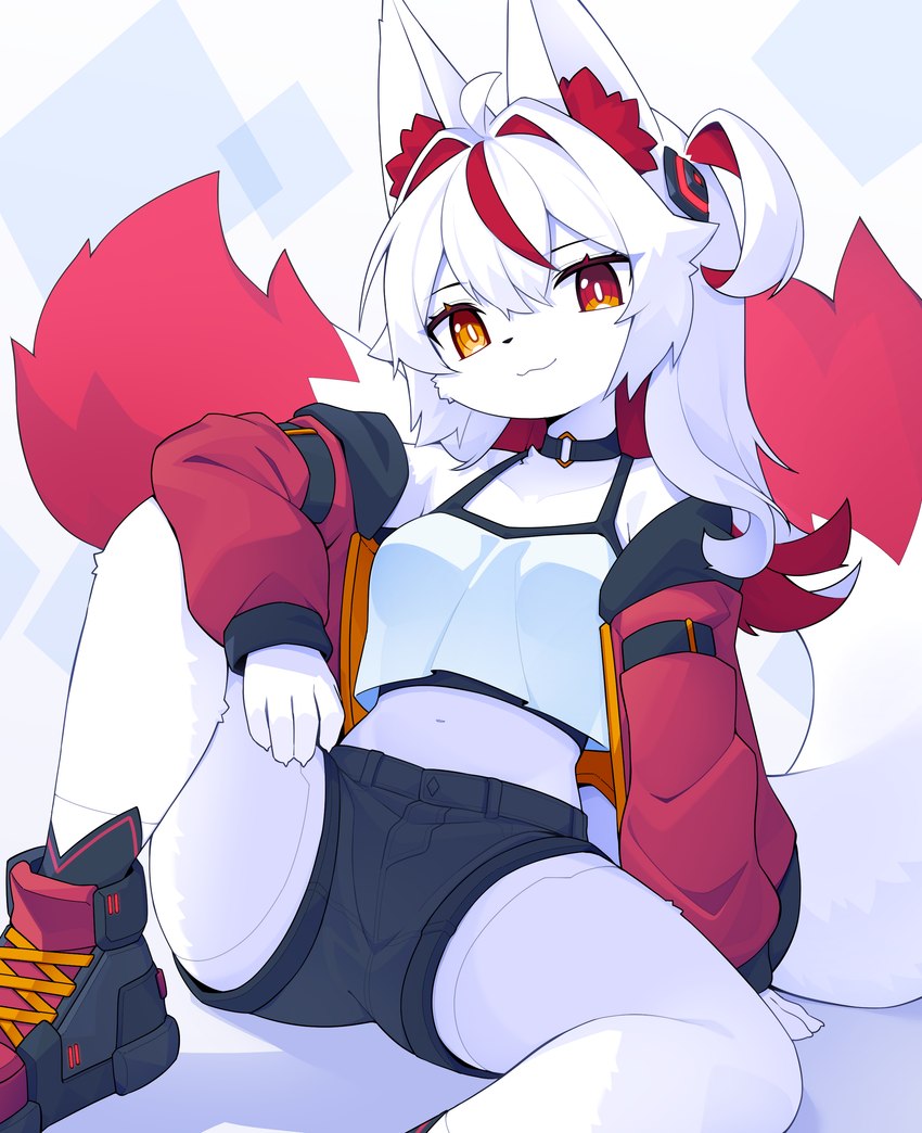 ahoge anthro bottomwear breasts choker clothed clothing dipstick_tail female female_anthro fur hair heterochromia hotpants jewelry kemono long_hair looking_at_viewer markings midriff necklace red_body red_eyes red_fur red_hair shorts solo spread_legs spreading tail tail_markings white_body white_fur white_hair yellow_eyes devil-vox knia_(devil-vox) canid canine fox mammal 2024 absurd_res digital_media_(artwork) hi_res