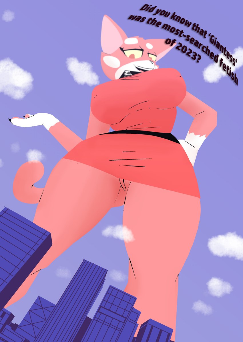 city clothed clothing day detailed_background dialogue dress female fur genitals gesture looking_at_viewer looking_down looking_down_at_viewer macro macro_female nipple_outline no_underwear outside partially_clothed pink_body pink_fur pussy sky solo text thick_thighs mikesmike third-party_edit super_planet_dolan shima_prime domestic_cat felid feline felis mammal 2023 absurd_res censor_removal_edit digital_drawing_(artwork) digital_media_(artwork) english_text hi_res