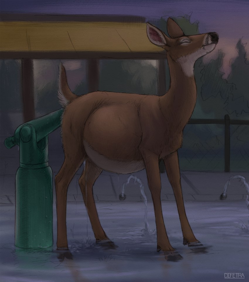 amusement_park anal anal_penetration belly big_belly black_nose bloated brown_body dusk enema eyes_closed female fence feral hooves inflation liquid_inflation outside penetration quadruped raised_tail smile solo tail water_inflation water_park white_body difetra deer mammal 2019 hi_res traditional_media_(artwork)