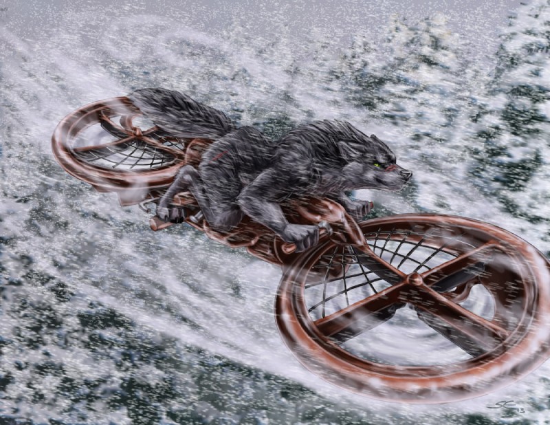 ambiguous_gender anthro black_body black_fur fur hover_bike nude outside snow solo vehicle winter sabretoothed_ermine canid canine canis dingo hybrid mammal wolf 2013