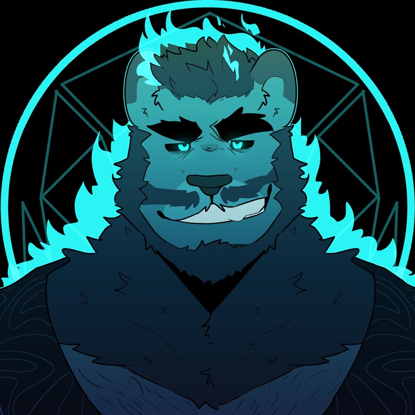 abstract_background anthro beard black_eyebrows black_sclera blue_body blue_eyes blue_fur eyebrows facial_hair front_view fur grin male manly muscular muscular_anthro muscular_male smile solo teal_beard teal_body teal_facial_hair teal_fur teeth melaisen bernard_(melaisen) felid mammal pantherine 1:1 2022 absurd_res blue_theme bust_portrait hi_res portrait