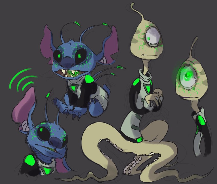 1_eye alternate_form antennae_(anatomy) black_eyes blue_body blue_claws blue_fur blue_nose bottomless claws clothed clothing corruption duo fur glowing green_body green_eyes green_pupils green_skin grey_background head_markings head_tuft listening looking_at_viewer markings notched_ear occipital_markings one_ear_up open_mouth pupils simple_background sitting slim small_tail standing tail tentacles toe_claws tuft creesa disney lilo_and_stitch stitch_(lilo_and_stitch) wendy_pleakley alien experiment_(lilo_and_stitch) plorgonarian 2020 colored_sketch hi_res multiple_scenes sketch