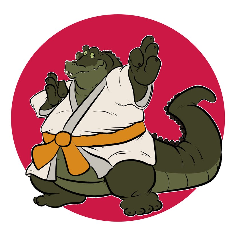 anthro asian_clothing belt bottomless clothed clothing east_asian_clothing green_body green_scales japanese_clothing japanese_flag karate keikogi male martial_arts_uniform orange_belt overweight scales solo sportswear tailbutt topwear white_clothing white_topwear wide_crotch r4c00n disney the_princess_and_the_frog louis_(tpatf) alligator alligatorid crocodilian reptile scalie 1:1 absurd_res hi_res