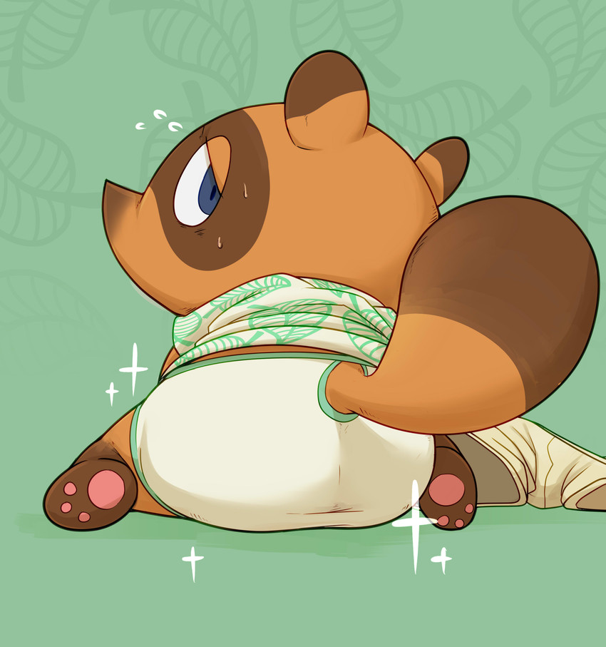 aloha_shirt anthro blue_eyes bottomwear brown_body brown_fur butt chibi clothing fur looking_back male pattern_clothing pattern_shirt pattern_topwear shirt shorts solo topwear underwear magictukai_aaaa animal_crossing nintendo tom_nook_(animal_crossing) canid canine mammal raccoon_dog tanuki absurd_res hi_res