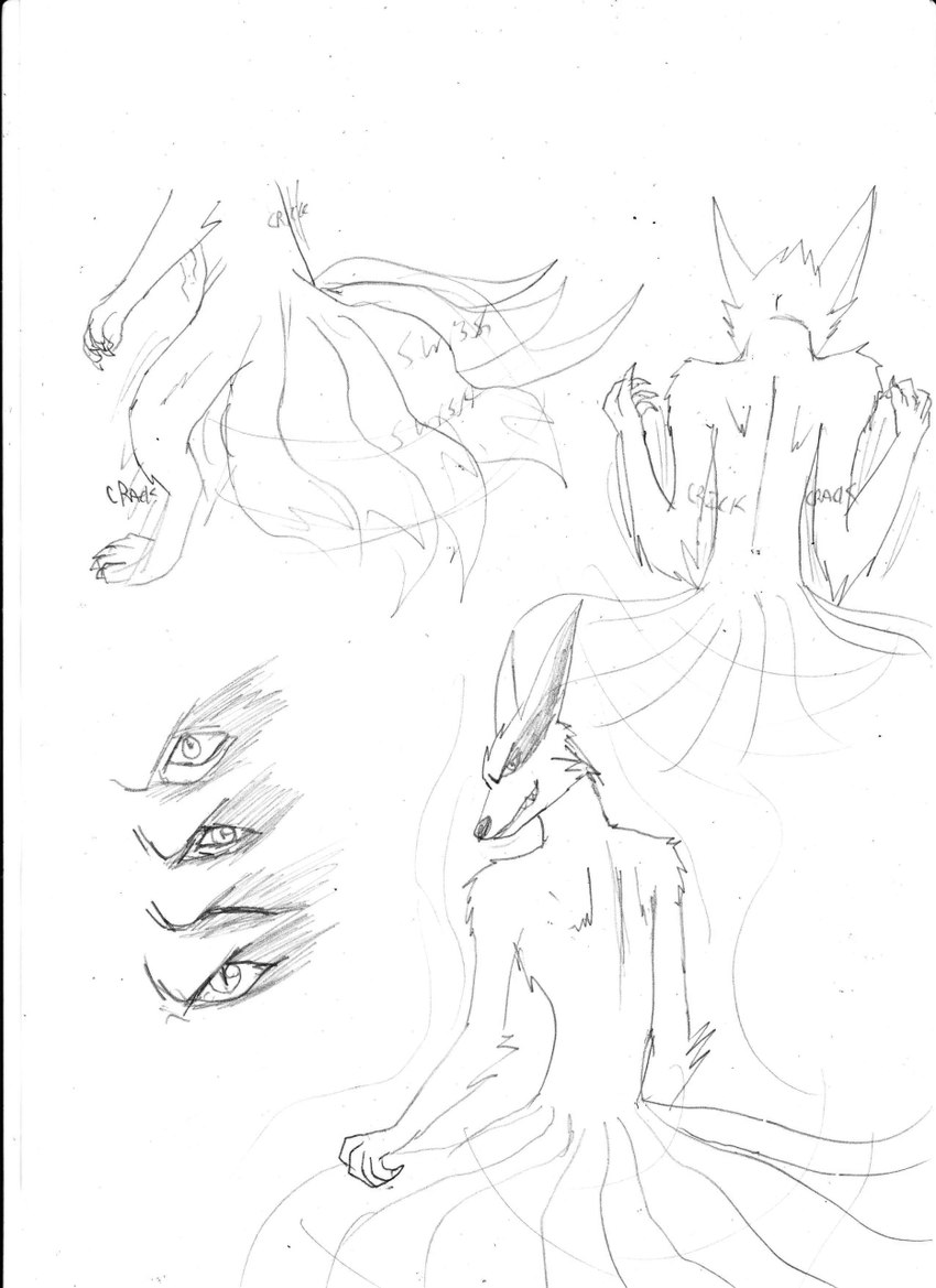 7_tails 8_tails anthro back_cracking bound cheek_tuft claws clothed clothing costume_transformation cracking cracking_joints different_sound_effects encasement exclamation_point facial_tuft fur looking_at_viewer male motion_onomatopoeia multi_tail onomatopoeia smile smiling_at_viewer smirk smirking_at_viewer solo sound_effects species_transformation suit_transformation swish_(sound_effect) tail takeover text transformation tuft furii naruto kurama canid canine fox mammal 2011 english_text hi_res monochrome sequence sketch