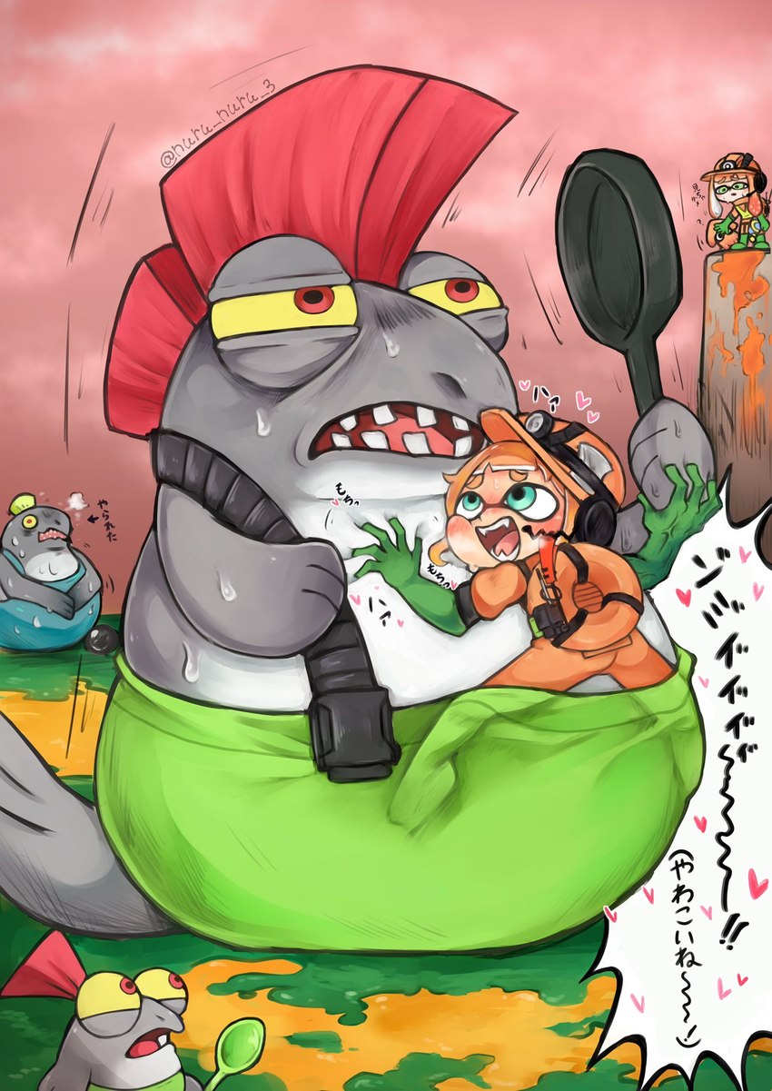 anthro blush clothing cookware cutlery fin frying_pan grey_body grope heart_symbol humor inside_clothing kitchen_utensils male overweight overweight_male red_eyes spoon text tools yellow_sclera nuru_nuru_3 nintendo splatoon animal_humanoid big_shot_(splatoon) cephalopod cephalopod_humanoid cohock_(splatoon) fish humanoid inkling marine marine_humanoid mollusk mollusk_humanoid salmonid_(splatoon) salmonoid_(splatoon) smallfry_(splatoon) hi_res japanese_text translation_request