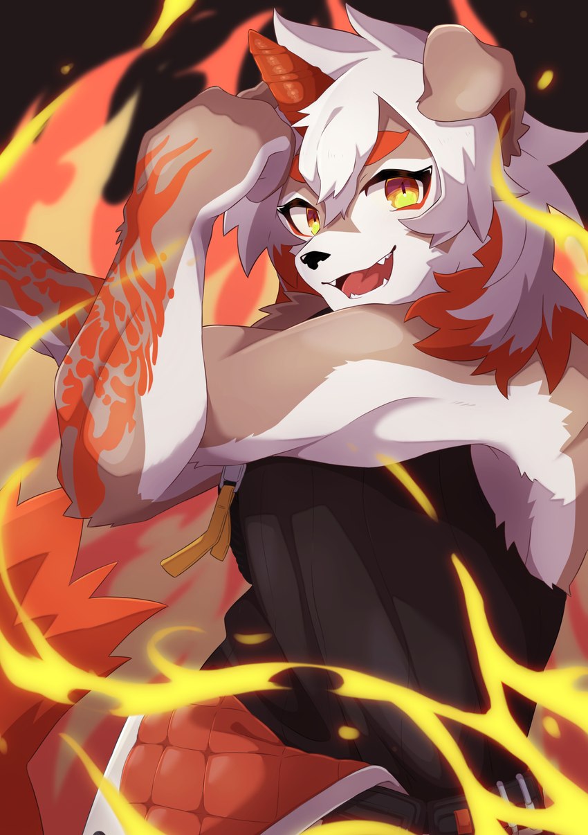 anthro arm_tattoo clothed clothing fur hair horn long_hair male multicolored_body multicolored_fur multicolored_hair orange_hair smile solo tan_body tan_fur tattoo two_tone_body two_tone_fur two_tone_hair white_body white_fur white_hair yellow_eyes fermata_suzuka arknights hypergryph studio_montagne hung_(arknights) canid canine canis domestic_dog mammal absurd_res hi_res