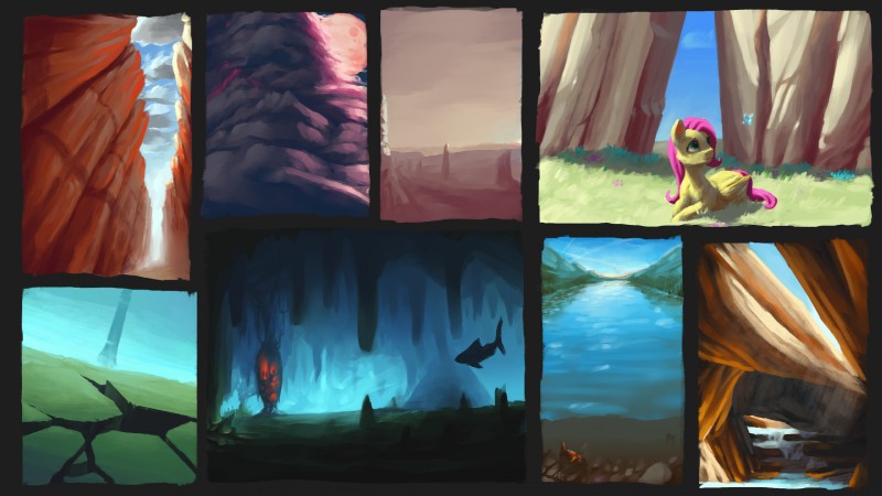 environment painterly practice solo studies study thumbnails wings eqlipse_(artist) friendship_is_magic hasbro my_little_pony mythology fluttershy_(mlp) equid equine mammal mythological_creature mythological_equine pegasus 16:9 4k absurd_res concept_art hi_res multiple_scenes sketch widescreen