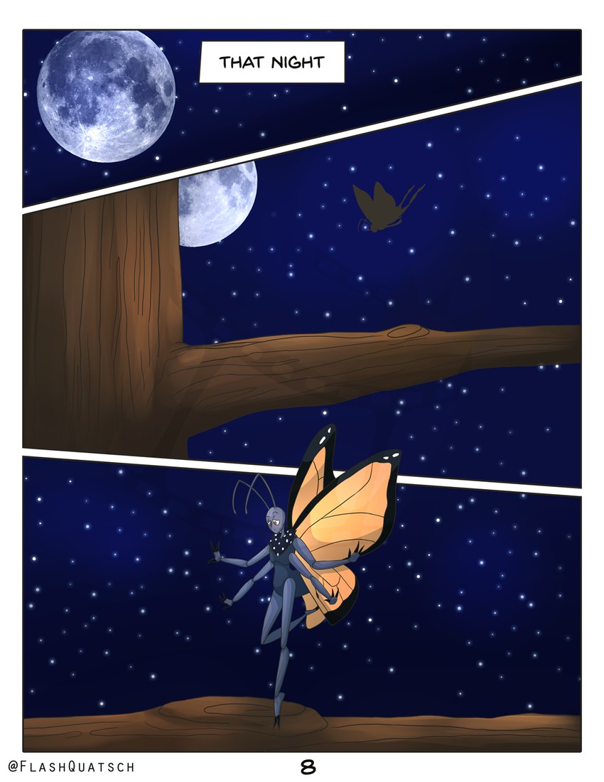 antennae_(anatomy) anthro black_body black_skin branch comic_panel flying grey_body grey_skin insect_wings lepidopteran_wings male moon multi_arm multi_limb night plant sky solo star starry_sky text tiptoes tree wings flashquatsch rey_(flashquatsch) arthropod butterfly insect lepidopteran monarch_butterfly comic hi_res