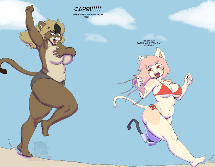 angry anthro assisted_exposure back-tie_bikini back-tie_clothing back-tie_swimwear beach big_breasts bikini bikini_bottom bikini_removed bikini_theft bikini_top bikini_top_removed blonde_hair breasts brown_body brown_fur chasing clothed clothing clothing_theft covering covering_breasts covering_self dialogue duo female fist fur green_eyes hair highlights_(coloring) holding_bikini_top long_hair neck-tie_bikini neck-tie_clothing neck-tie_swimwear open_mouth pink_hair prosthetic prosthetic_leg prosthetic_limb running seaside side-tie_bikini side-tie_clothing side-tie_swimwear slightly_chubby stealing string_bikini swimwear swimwear_removed swimwear_theft tan_body tan_fur text topless two-piece_swimsuit darkeros capri_(doxxyl) cassie_evans cougar domestic_cat felid feline felis mammal absurd_res english_text hi_res