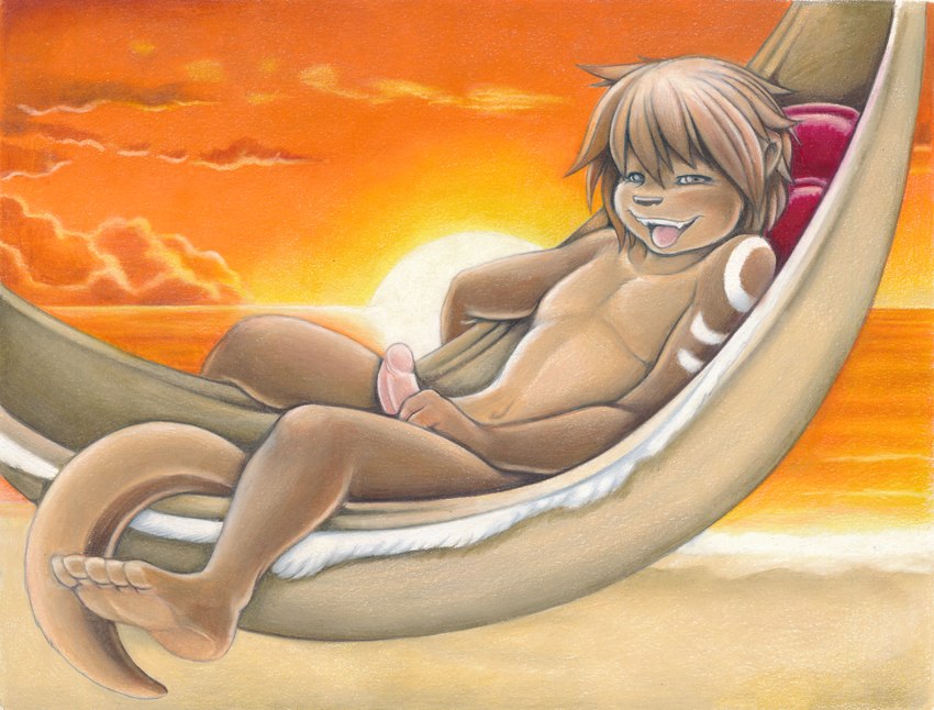 anthro barefoot brown_body brown_eyes brown_hair clothing collarbone erection feet fingers fur genitals hair hammock humanoid_genitalia looking_at_viewer male navel open_mouth penis pillow plantigrade sand shoreline smile solo tail toes water ollie_canal ferloo mammal mustelid otter colored_pencil_(artwork) traditional_media_(artwork)