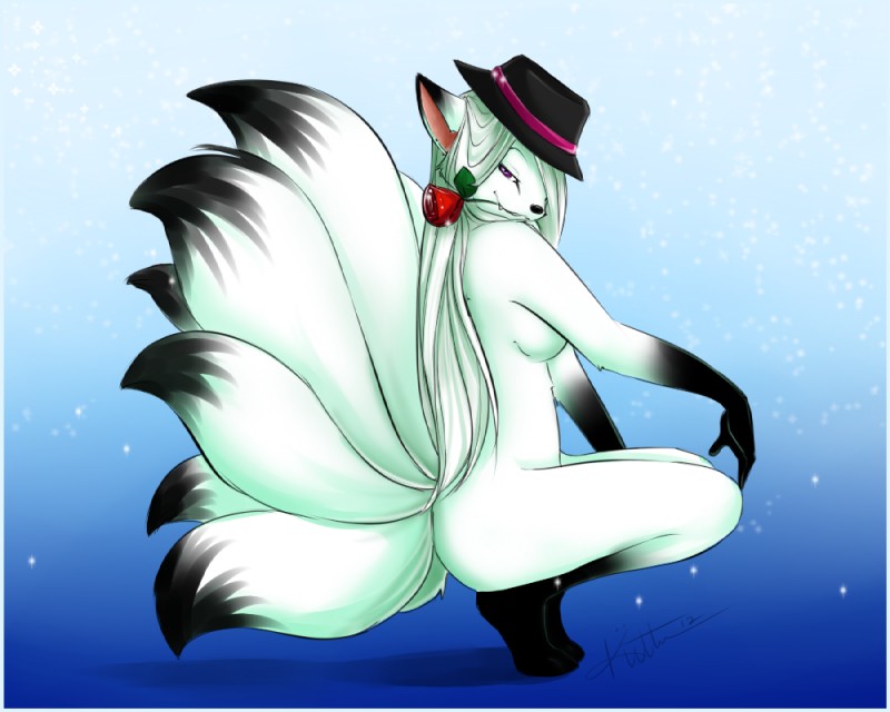 anthro blind breasts clothing disability female fluffy hair hair_over_eye long_hair looking_at_viewer multi_tail nude one_eye_obstructed pink_eyes solo tail white_hair jiinnxx roxanne_(minty_freshness) canid canine fox mammal 5:4