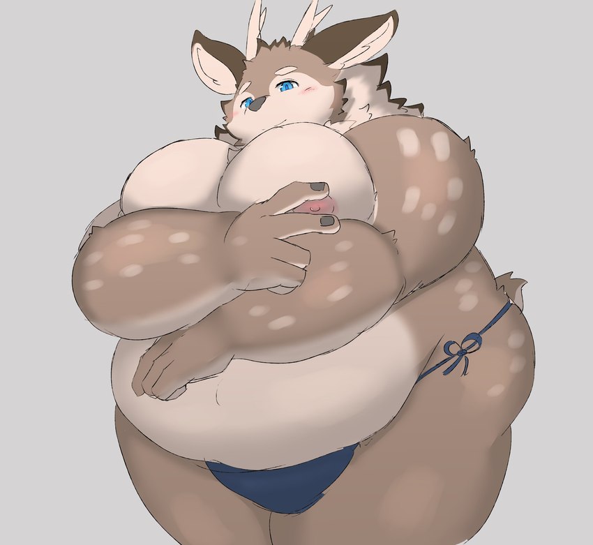 anthro belly big_moobs bikini blue_eyes blush brown_body brown_fur bulge clothing embarrassed fur male moobs nipples overweight solo swimwear two-piece_swimsuit gabu2929 tamacolle kazusa deer mammal hi_res