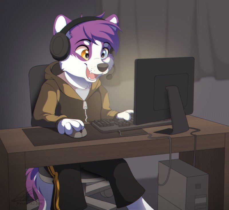 4_fingers anthro fingers hair heterochromia male open_mouth purple_hair smile solo teeth tongue dvixie canid canine canis domestic_dog mammal