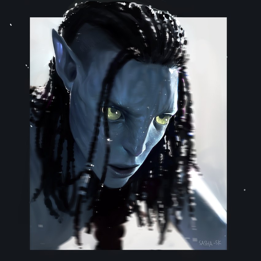 black_border black_hair blue_body blue_skin border braided_hair curled_hair dreadlocks green_eyes hair humanoid_pointy_ears lights looking_forward male pointy_ears serious serious_face simple_background solo white_background sasha-sk james_cameron's_avatar lo'ak_(james_cameron's_avatar) alien alien_humanoid humanoid na'vi 1:1 2023 headshot_portrait hi_res portrait signature