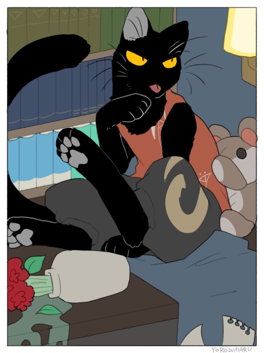 4_toes ambiguous_gender black_body clothed clothing digitigrade feet flower flower_vase grey_pawpads pawpads paws plant plushie soles solo toes tongue tongue_out whiskers yellow_eyes yorozumaru urushi_(yorozumaru) domestic_cat felid feline felis mammal 2021 hi_res