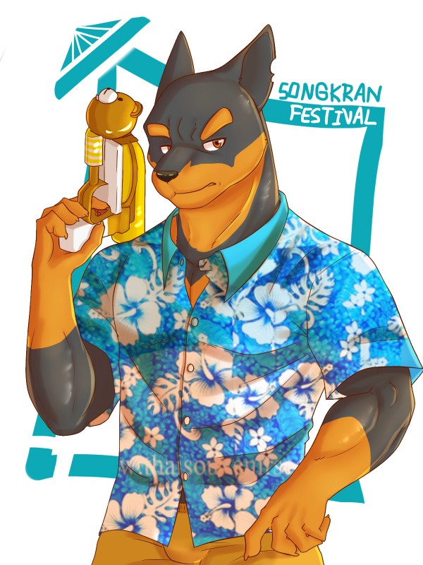 male muscular muscular_male solo toy toy_gun water_gun sharparadise songkran canid canine canis dobermann domestic_dog mammal pinscher 3:4 hi_res