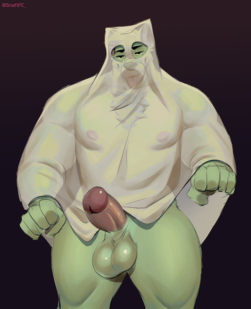 anthro balls cheek_tuft erection facial_tuft genitals ghost_costume glans green_body holidays male muscular muscular_anthro muscular_male nipples nude nude_anthro penis simple_background solo tongue tongue_out translucent tuft snaftfc halloween canid canine mammal absurd_res comic hi_res