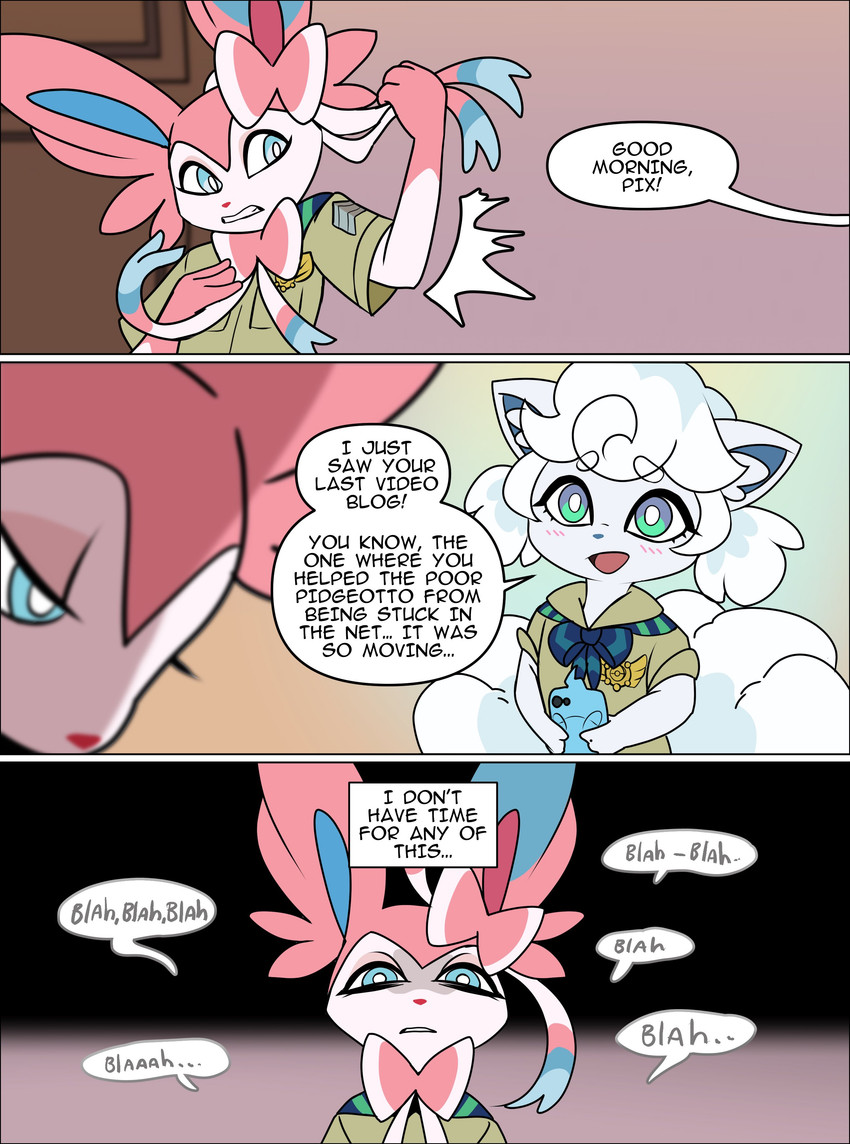 anthro anthrofied blue_body blue_eyes blue_fur blush blush_lines clothed clothed_anthro clothing duo eyelashes female fur male pink_body pink_ears pink_fur pokemorph text white_body white_fur odeko-yma nintendo pokemon pokemon_mystery_dungeon spike_chunsoft pix_(odeko-yma) alolan_form alolan_vulpix eeveelution generation_4_pokemon generation_6_pokemon generation_7_pokemon pokemon_(species) regional_form_(pokemon) rotom rotom_phone sylveon absurd_res comic english_text hi_res