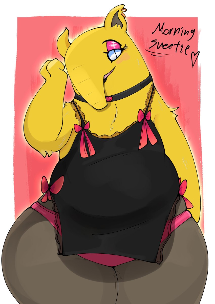 abstract_background blush brown_body brown_fur clothed clothing collar ear_piercing ear_ring female feral fur heart_symbol looking_at_viewer makeup panties piercing proboscis_(anatomy) pupils ring_piercing skimpy skimpy_dress slightly_chubby slit_pupils solo text thick_thighs trunk_(anatomy) underwear yellow_body yellow_fur goopyarts nintendo pokemon drowzee generation_1_pokemon mammal pokemon_(species) tapir absurd_res english_text hi_res